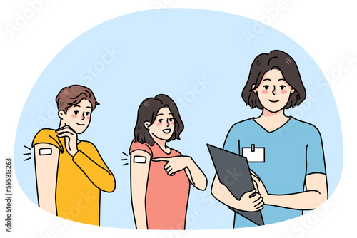 Smiling people show arm with bandage after vaccination. Stop corona virus promo campaign. Doctor vaccinate employee against covid-19. Coronavirus protection. Vector illustration.