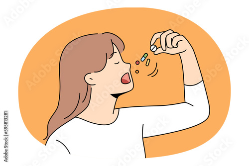 Healthcare and taking drugs vitamins concept. Portrait of young lady taking some pills or vitamins for feeling healthy and positive vector illustration