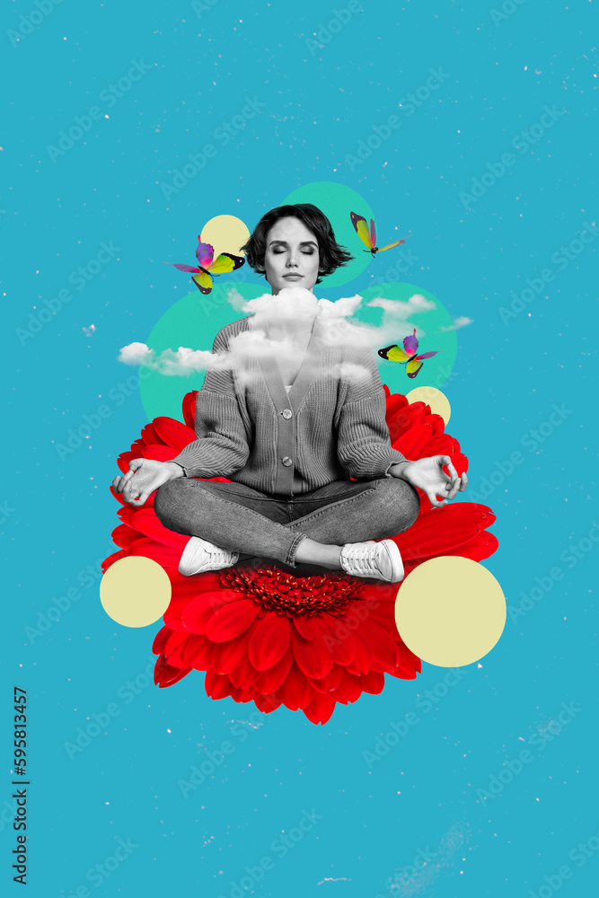 Vertical collage image artwork illustration of pretty girl sitting relaxing showing om symbol fly dreams blue color painting background - obrazy, fototapety, plakaty 