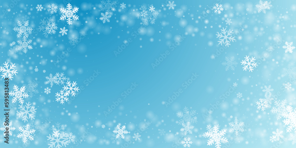 Magical heavy snowflakes backdrop. Winter fleck frozen shapes. Snowfall sky white teal blue pattern. Shimmering snowflakes january texture. Snow nature scenery.