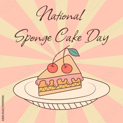 National Sponge Cake Day. Piece of sponge cake with cherry, cream and frosting on the plate. Vintage background. August 23.