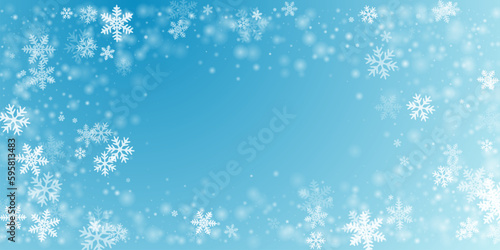 Magical heavy snowflakes backdrop. Winter fleck frozen shapes. Snowfall sky white teal blue pattern. Shimmering snowflakes january texture. Snow nature scenery.