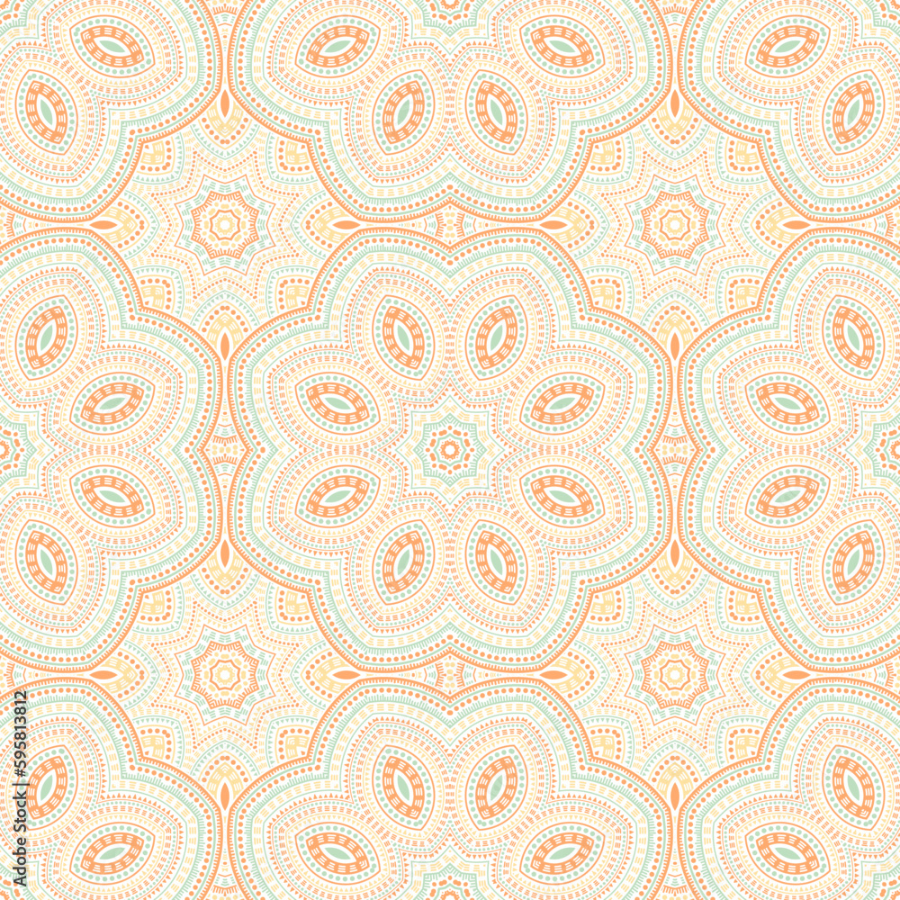 Moroccan ethnic geometric vector seamless ornament. Wallpaper print design. Modern azulejo motif. Pottery decor design. Flower and leaves elements texture.