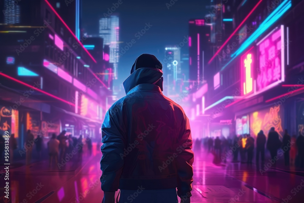 Bustling city street with neon lights and towering skyscrapers. A person in a cyberpunk outfit with a visor walks past. Generative AI