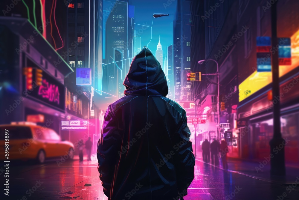 Bustling city street with neon lights and towering skyscrapers. A person in a cyberpunk outfit with a visor walks past. Generative AI - obrazy, fototapety, plakaty 