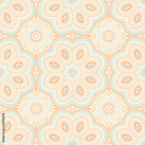 Moroccan ethnic geometric vector seamless ornament. Wallpaper print design. Modern azulejo motif. Pottery decor design. Flower and leaves elements texture.