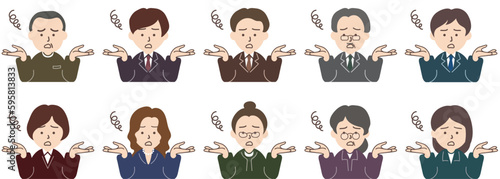 スーツを着た男性と女性人物のアイコンセット_お手上げ