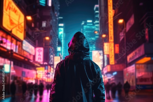 Bustling city street with neon lights and towering skyscrapers. A person in a cyberpunk outfit with a visor walks past. Generative AI