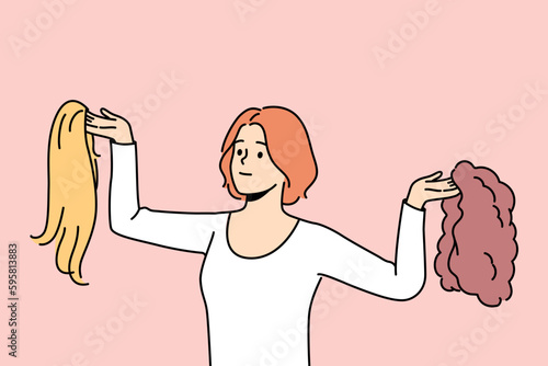 Smiling woman choosing wig. Happy girl with wigs of different hair type. Hairstyle and haircare. Vector illustration. 