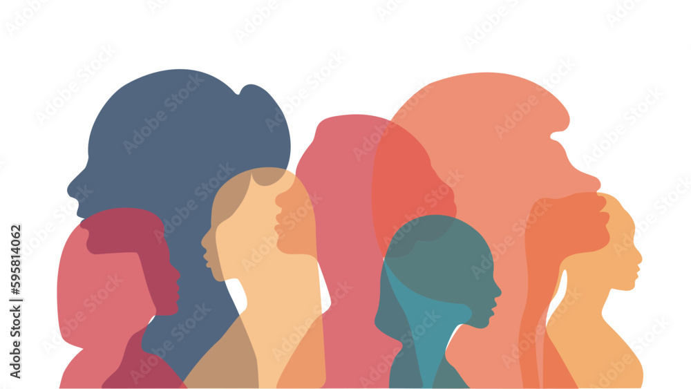 Silhouette group of women. Communication and friendship between women or girls of diverse cultures, vector