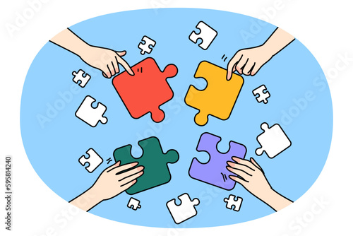 Close up of diverse people hands connect jigsaw involved in teambuilding activity together. Businesspeople or employees join puzzles participate in game. Teamwork. Vector illustration.