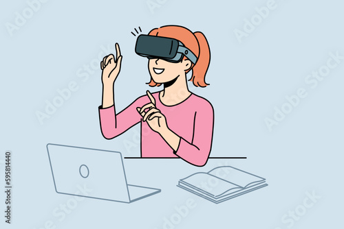 Smiling girl child sit at desk studying with VR glasses. Happy kid in virtual reality headset use stimulator for learning. Education and technology. Vector illustration. 