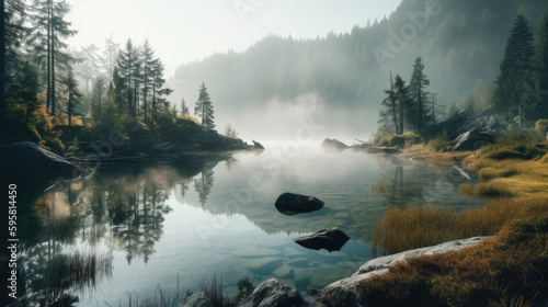Lake surrounded by trees and mist. Generative AI