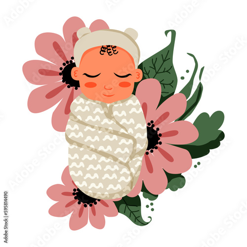 Newborn baby, wrapped in blanket. Flowers and leaves. Sleeping infant, swaddled in cloth. Little girl. New born child. Vector illustration. 