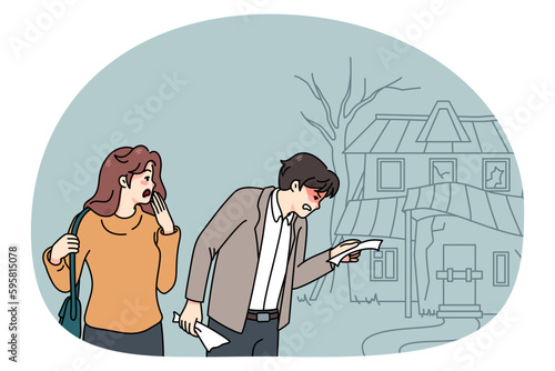 Frustrated couple buyers shocked with price of old ruined house. Unhappy man and woman confused with building rent. Ownership and rental problems. Flat vector illustration.