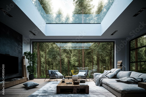 Minimalism and Nature. Modern Living Room with a Skylight and Forest View With Massive Skylight. Generative AI