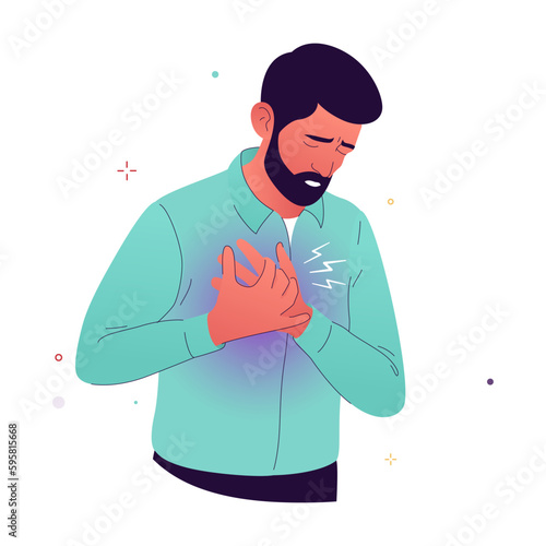 Vector illustration of a man having a heart attack, myocardial infarction. Man with severe chest pain, a primary symptom of a cardiac arrest. Concept for cardiology and emergency medicine
