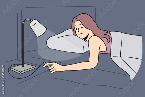 Woman lying in bed turn off lamp on table. Girl relax ready to sleep in home bedroom switch lights. Vector illustration. 