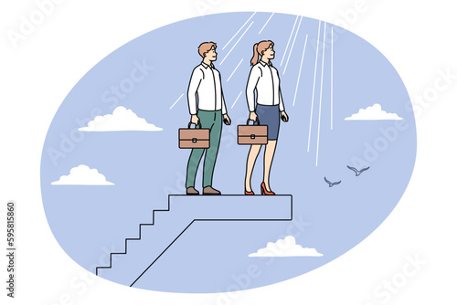 Teamwork business success and collaboration concept. Man and woman partners colleagues teammates standing together on ladder looking in one direction feeling successful vector illustration