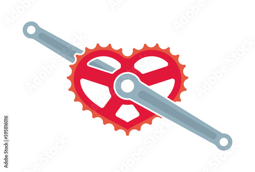 Vector bicycle crank icon with heart shaped converter. Isolated on white background.