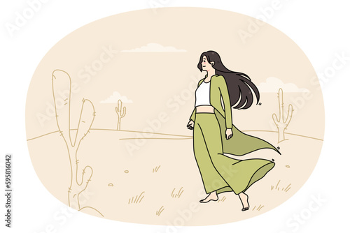Young woman wandering desert. Millennial girl feel lost and lonely in sand wilderness area. Concept of boring and monotonous life. Flat vector illustration.
