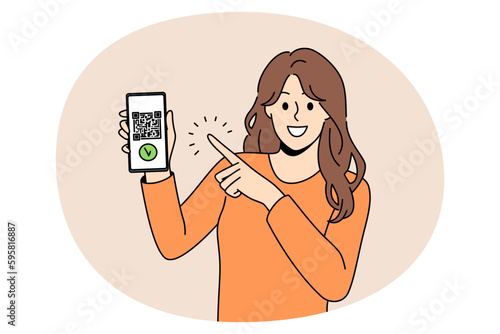 Qr code and Online payment concept. Young woman standing pointing at smartphone screen with qr code and payment confirmation on it vector illustration