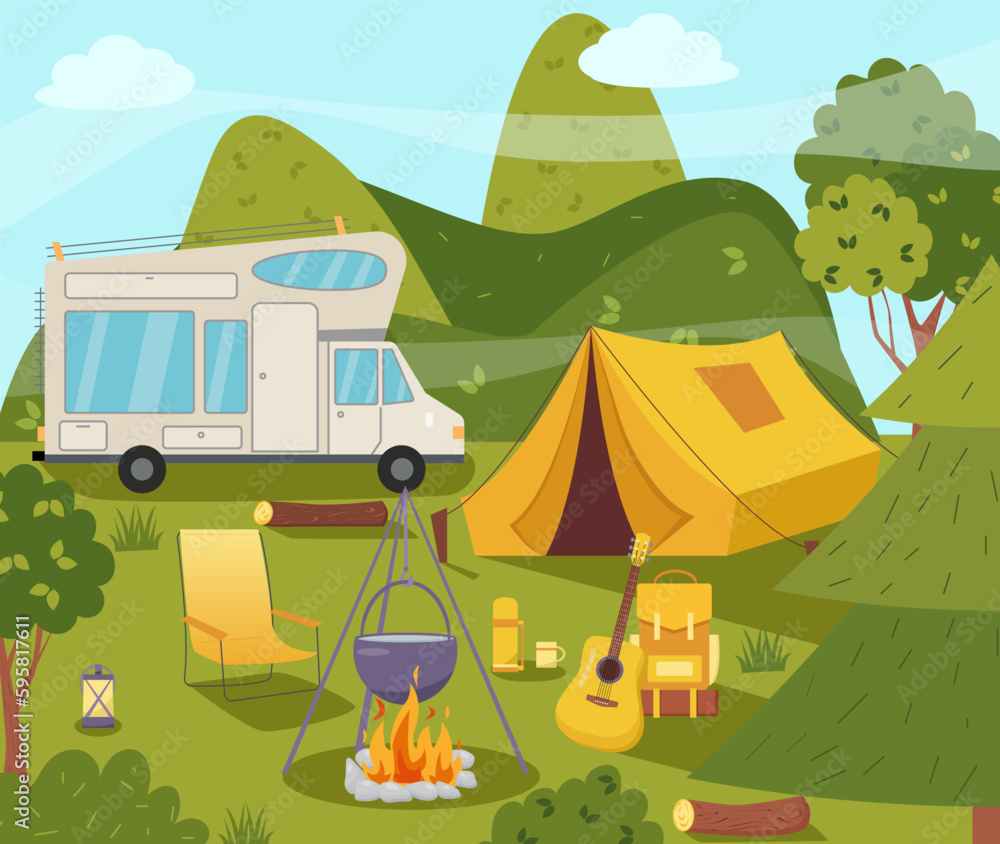 Camping concept art. Flat style illustration of beautiful landscape ...