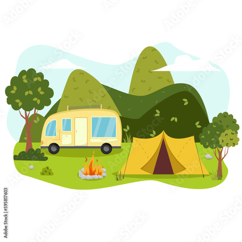 Camping concept art. Flat style illustration of beautiful landscape, mountains, forest, tent, and a campfire. Design for banner, poster, website, emblem, logo and others.