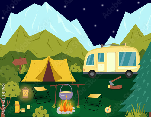 Camping concept art. Flat style illustration of beautiful landscape, mountains, forest, tent, and a campfire. Design for banner, poster, website, emblem, logo and others.