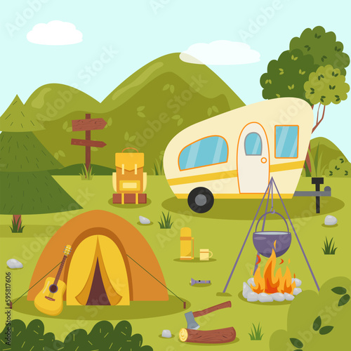Camping concept art. Flat style illustration of beautiful landscape, mountains, forest, tent, and a campfire. Design for banner, poster, website, emblem, logo and others.