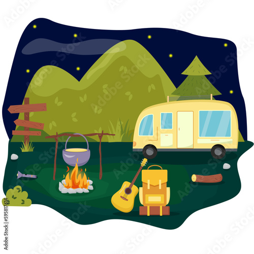 Camping concept art. Flat style illustration of beautiful landscape, mountains, forest, camper and a campfire. Design for banner, poster, website, emblem, logo and others.