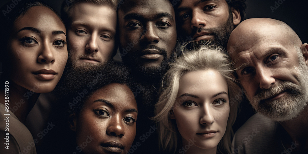 Obraz premium Unterschiedliche Gesichter von Menschen verschiedener Nationalitäten Multikulti Migranten Nahaufnahme, ai generativ