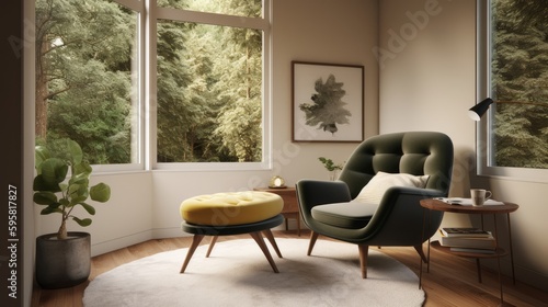 Cozy Reading Place, Room with Big Windows, Nature Surroundings, Tranquil Escape, Generative AI Illustration