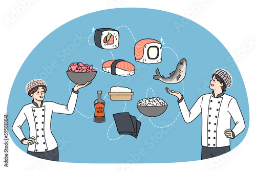 Professional chef cooking rolls and sushi for restaurant menu. Diverse people cooks prepare Japanese traditional dish. Seafood japan cuisine. International culture. Vector illustration.
