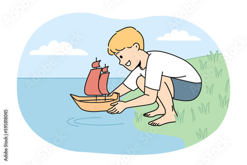 Happy boy child with toy boat playing on river bank. Smiling kid launch ship in water have fun on sea shore. Vector illustration. 
