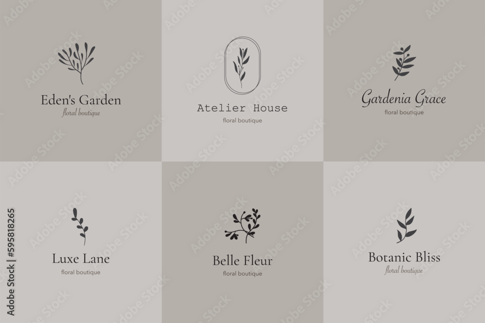 Set of modern vector floral logo. Aesthetic minimal feminine logo set. Premade botanical logo design for photographer, floral boutique, beauty industry. Set of modern vector floral logo. Aesthetic minimal feminine logo set. Premade botanical logo design for photographer, floral boutique, beauty industry.