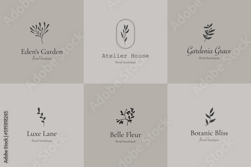 Set of modern vector floral logo. Aesthetic minimal feminine logo set. Premade botanical logo design for photographer, floral boutique, beauty industry.