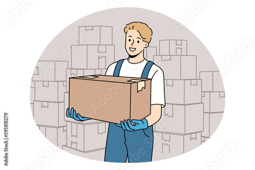 Parcel delivery and post service concept. Smiling man worker in uniform standing with heap of parcels boxes delivery transportation carrying to customer vector illustration