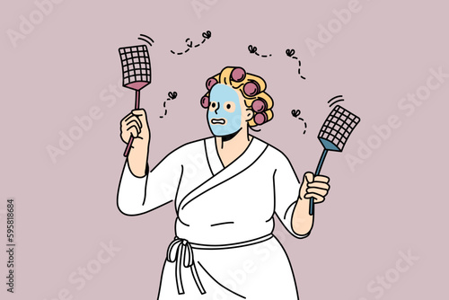 Funny overweight woman in bathrobe and mask on face beat insects with fly swatters. Anxious female chasing flies with special tool. Vector illustration. 
