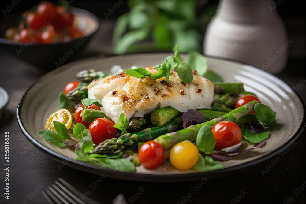 Grilled Cod with Asparagus and Salad, Generative AI Grilled Cod with Asparagus and Salad, Generative AI