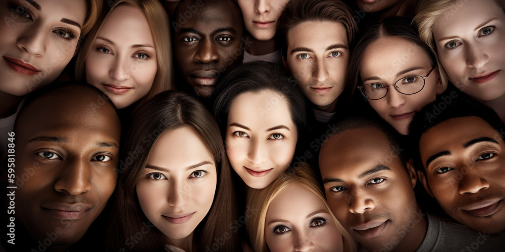 Unterschiedliche Gesichter von Menschen verschiedener Nationalitäten Multikulti Migranten Nahaufnahme, ai generativ