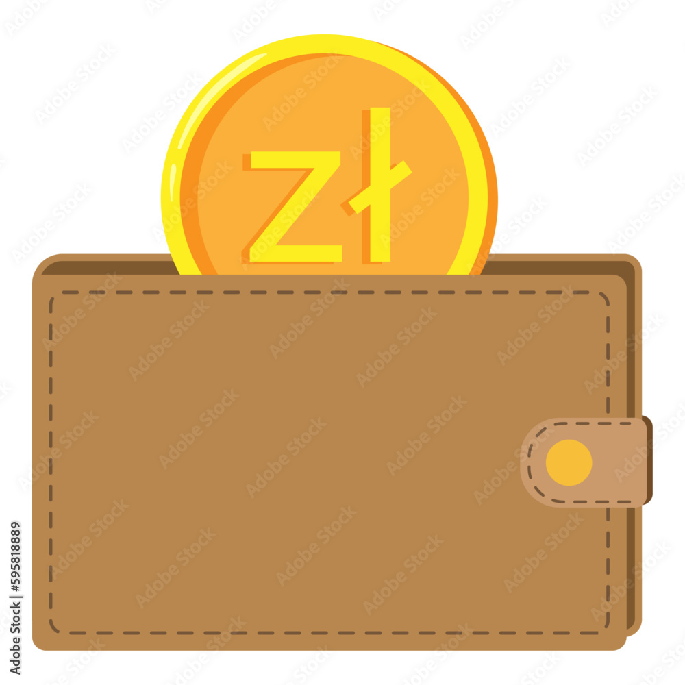 Wallet with polish zloty coin. Vector illustration Wallet with polish zloty coin. Vector illustration