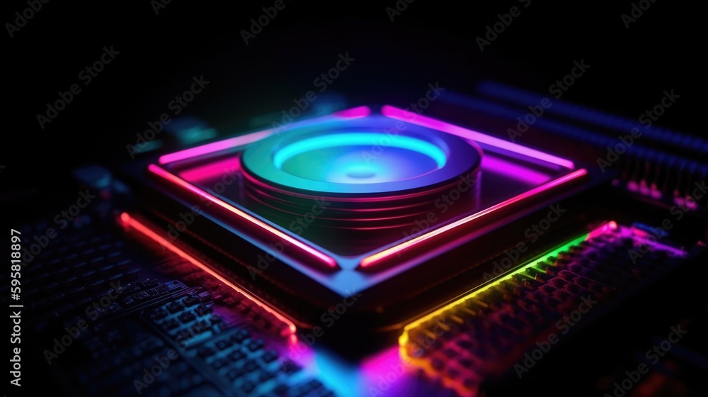 Neon Glowing CPU and GPU Cooler, Gaming Computer Enthusiast Setup, High-Performance System, Generative AI Illustration Neon Glowing CPU and GPU Cooler, Gaming Computer Enthusiast Setup, High-Performance System, Generative AI Illustration