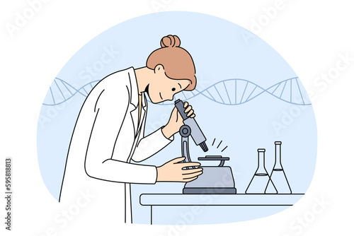 Chemistry Science and research concept. Smiling woman chemist in white uniform standing looking at microscope with flasks for tests in laboratory vector illustration