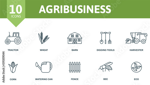 Agribusiness outline set. Creative icons: tractor, wheat, barn, digging tools, harvester, corn, watering can, fence, bee, eco.