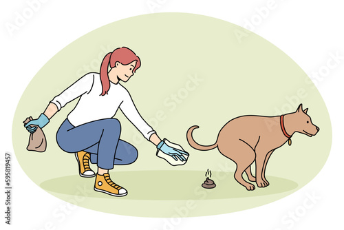 Taking care of pets and environment concept. Young woman cleaning ground from her dogs poo in gloves with bag thinking of environment vector illustration