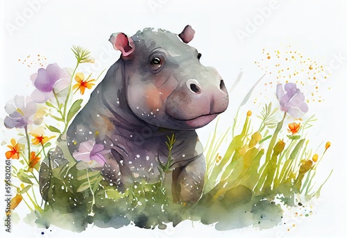 Watercolor drawing of a cute hippo. watercolor illustration. Generative AI
