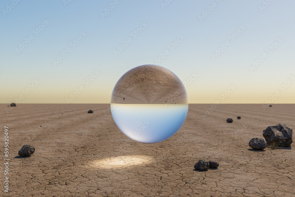 single glas sphere ball hovering in the air in large empty desert environment; abstract surreal concept; 3D Illustration single glas sphere ball hovering in the air in large empty desert environment; abstract surreal concept; 3D Illustration