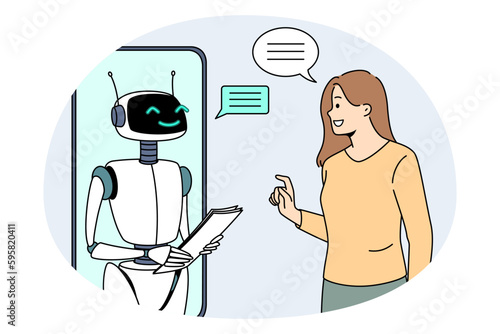 Artificial intelligence and technologies concept. Smiling girl standing and looking at smartphone screen with white robot bot communicating with her vector illustration