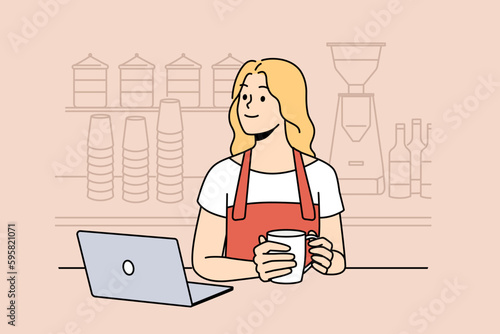 Smiling waitress in apron drink coffee at break in cafe. Happy women coffee shop owner enjoy drink in own coffeehouse. Vector illustration. 